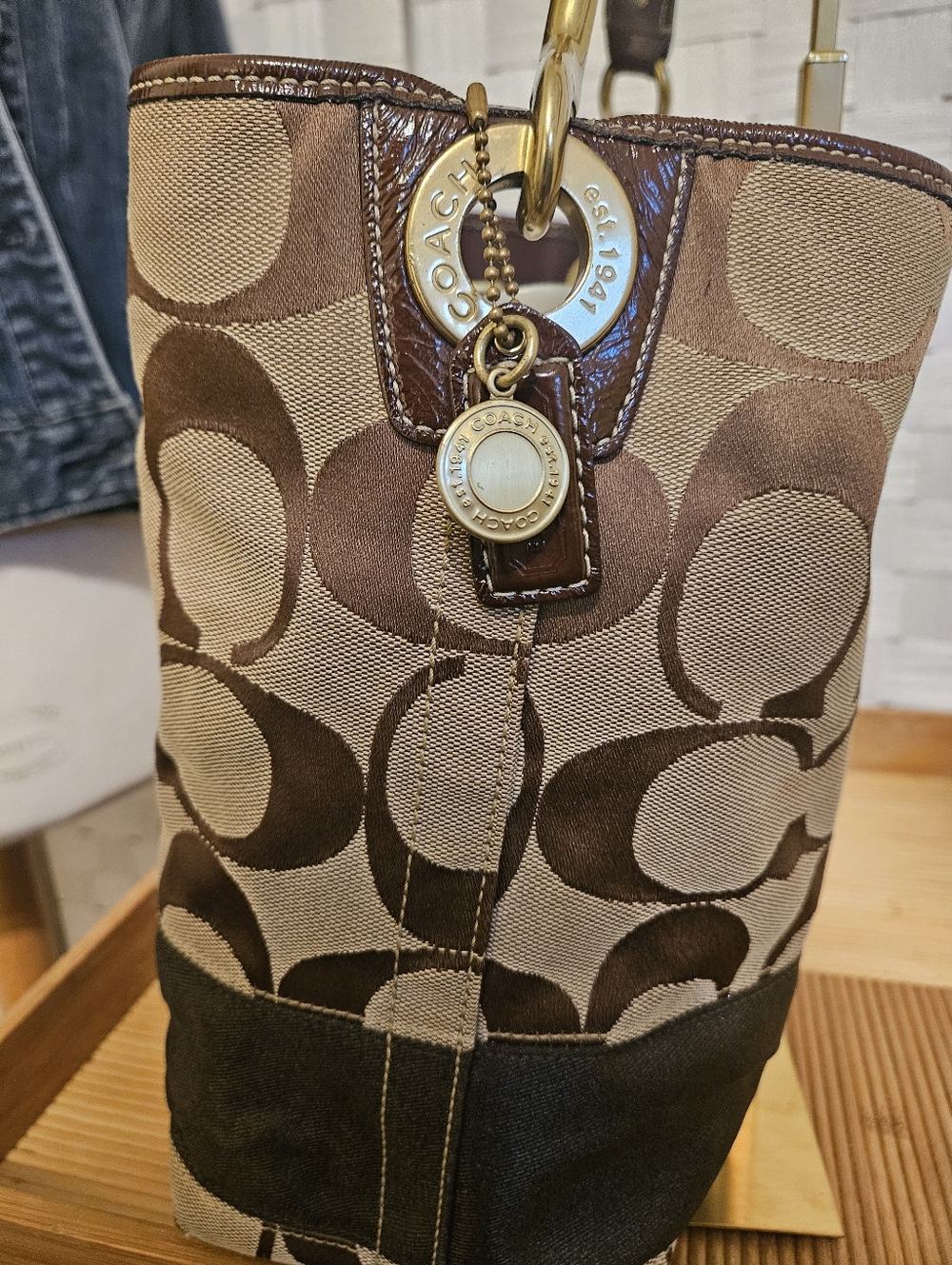 Coach Signature Jacquard Tote 10627 Brown Leather Trim Y2K Classic Signature C - Picture 7 of 11